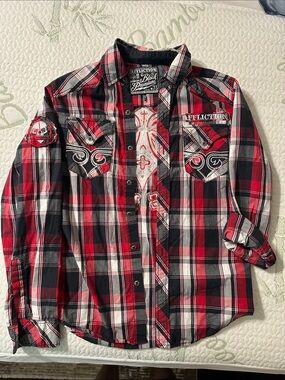 Affliction Red, Black & White Plaid Western Shirt with Embroidery